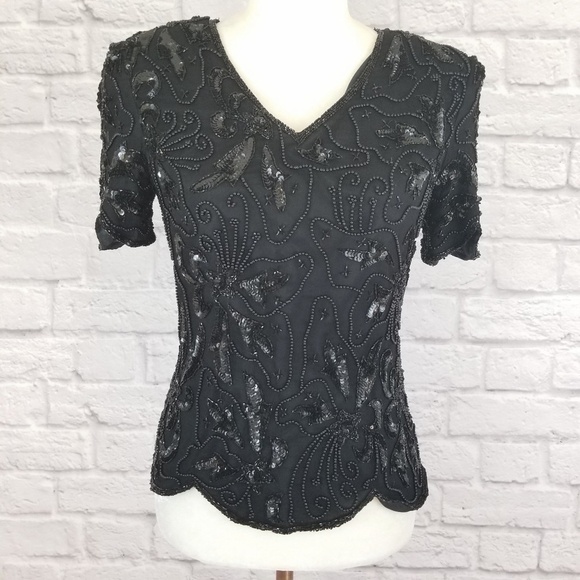 Adrianna Papell Boutique beaded back zipper vintage black top women's size PS - Picture 3 of 9